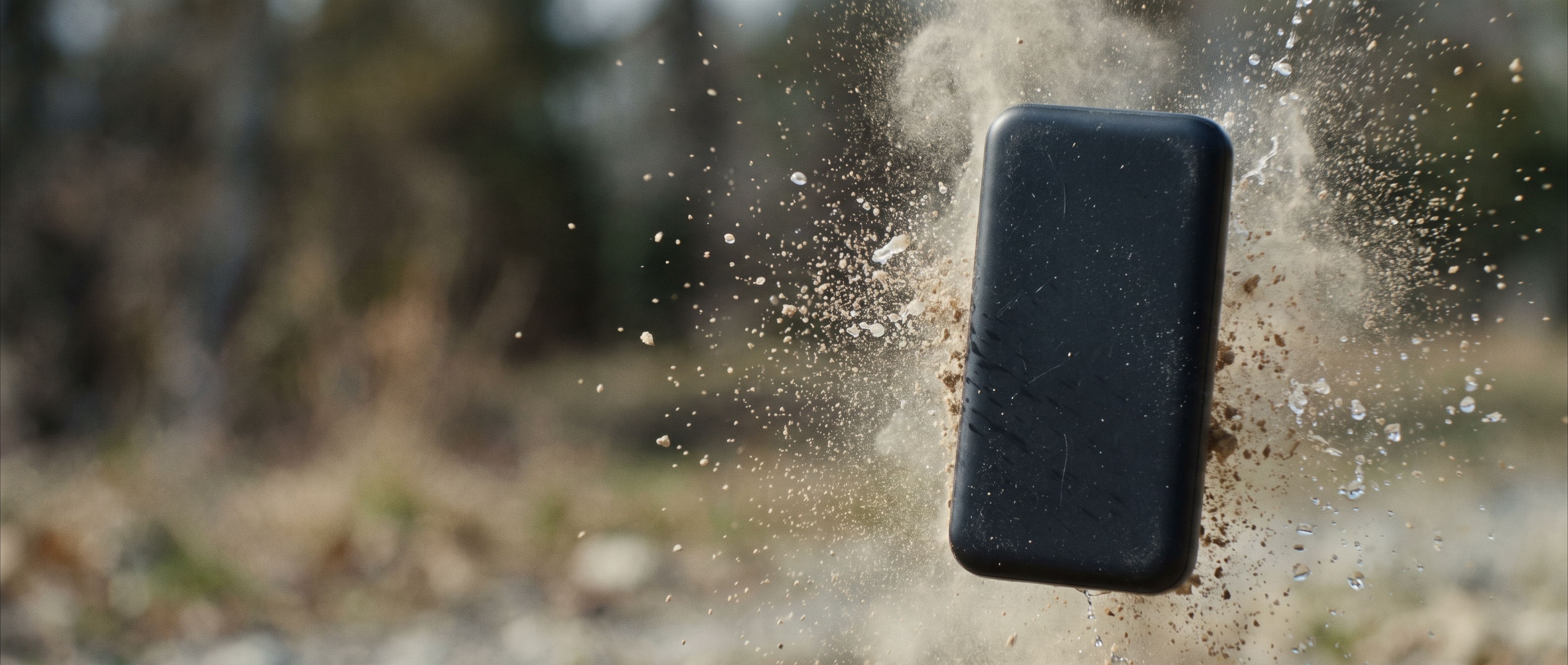 A premium product hero captured in a burst of water and dust